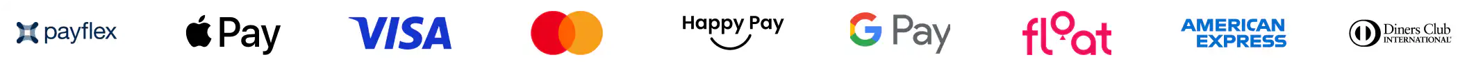 Accepted payment methods including Payflex, Apple Pay, Visa, Mastercard, Happy Pay, Google Pay, Float, American Express and Diners Club
