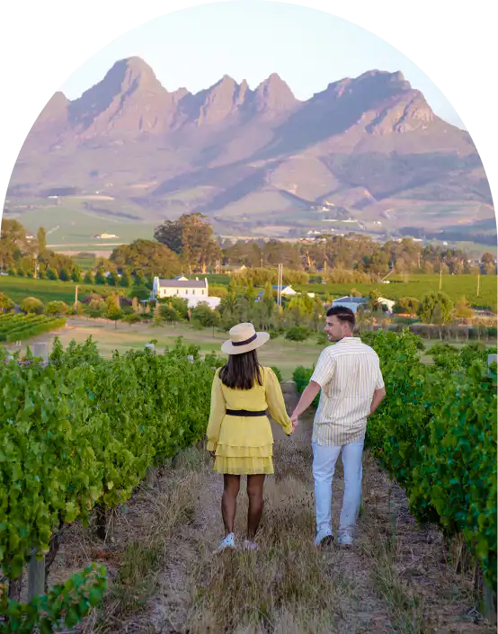 Couple walking through a Cape Winelands vineyard