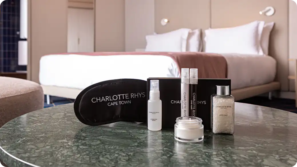 Charlotte Rhys sleep amenities displayed in a Home Suite Hotels suite